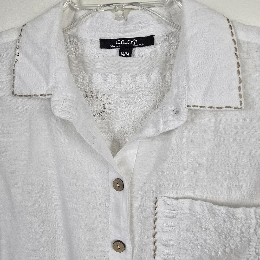 Charlie B Cottagecore Coastal Sleeveless Button Down Embroiderd Beads Blouse M - Picture 6 of 12